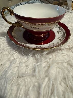 Vintage Crown Staffordshire Teacup & Saucer Burgundy Gold England Bone China